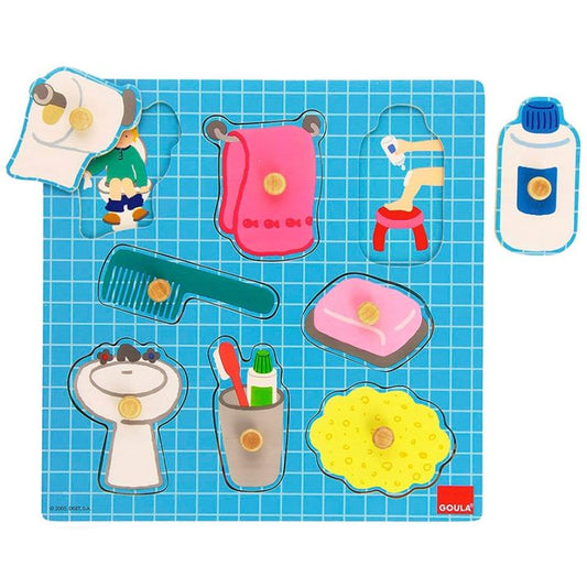 Medinė įstatoma dėlionė – Vonios kambarys (8 dalių) 🧴🛁🧼