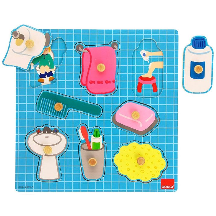 Medinė įstatoma dėlionė – Vonios kambarys (8 dalių) 🧴🛁🧼