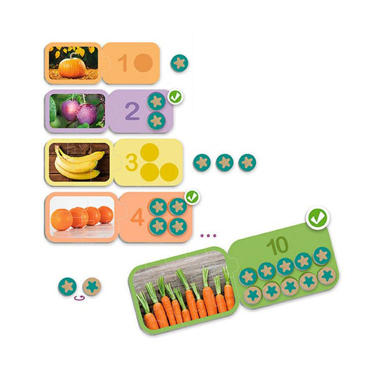 Suskaičiuok vaisius ir sujunk su teisingu skaičiumi – mokymasis per žaidimą! 🍌🥕🍊