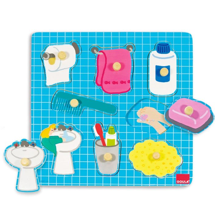 Medinė įstatoma dėlionė – Vonios kambarys (8 dalių) 🧴🛁🧼