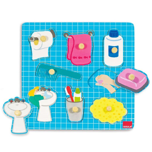 Medinė įstatoma dėlionė – Vonios kambarys (8 dalių) 🧴🛁🧼