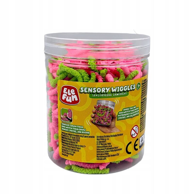 Sensorinės kirmėlės „Sensory Wiggles“ (Elefun) – stiklainis su rožinėmis ir žaliomis kirmėlėmis
